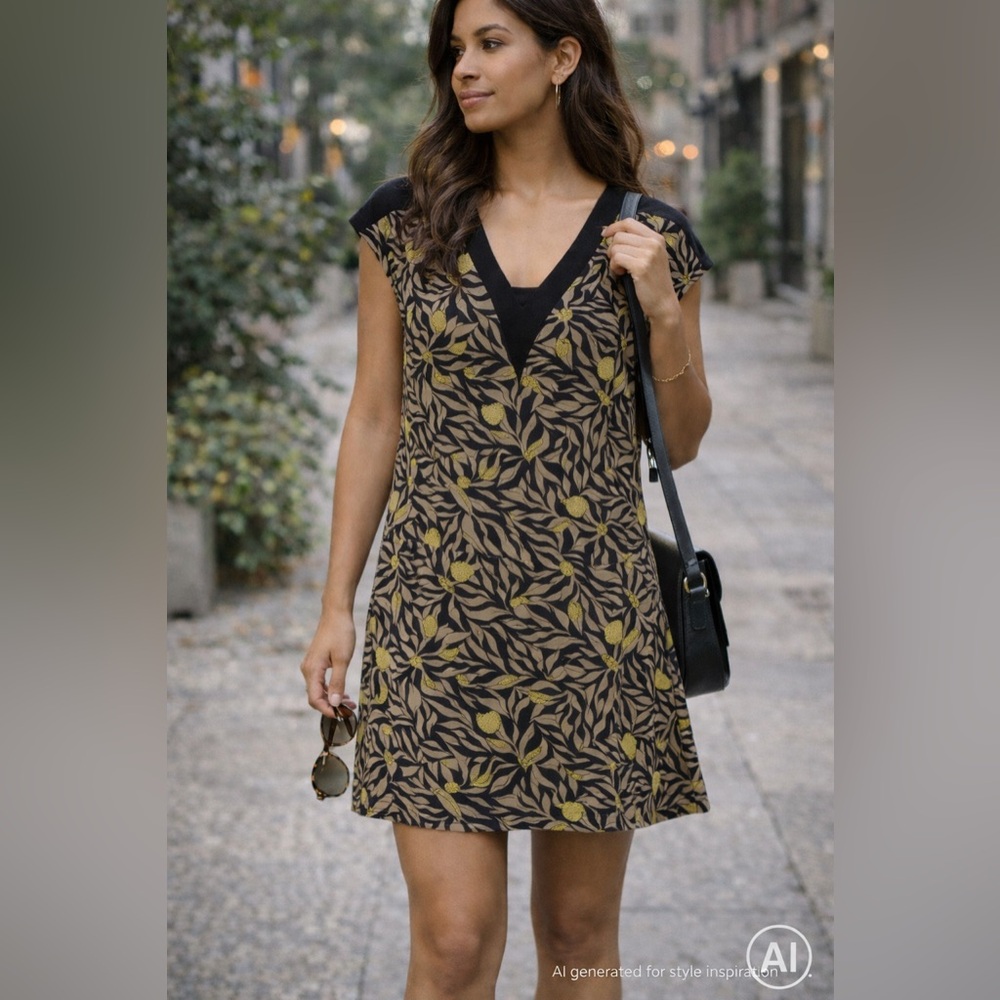 Skunkfunk Abstract Botanical V-Neck Cap Sleeve Dress